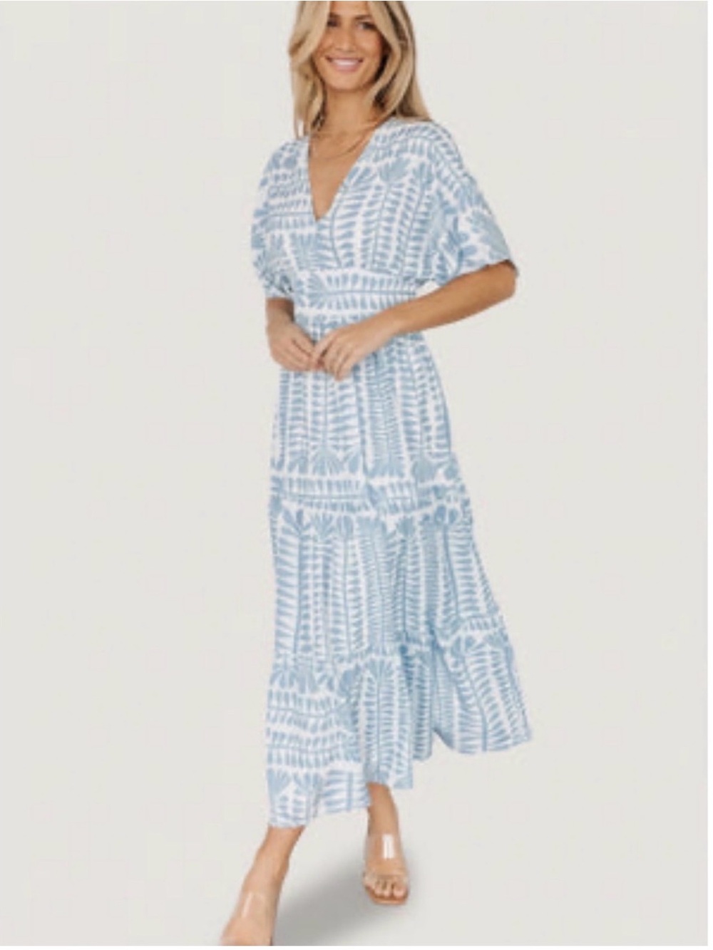 Baltic Born Light Blue Printed V-Neck Tiered Maxi Dress